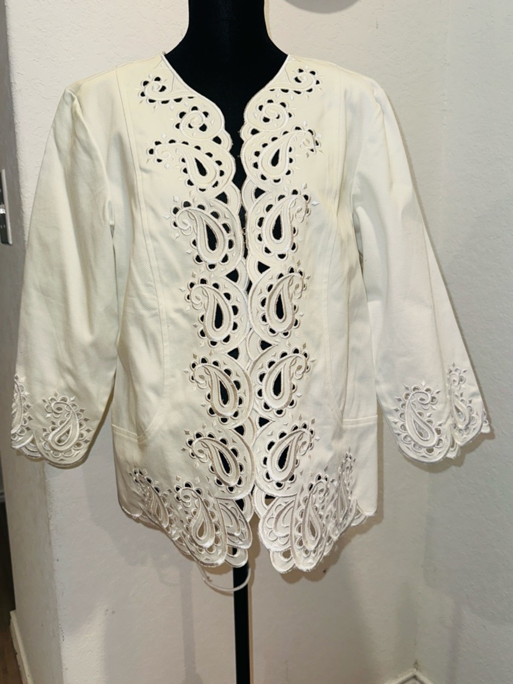 Bob Mackie Cream Eyelet Paisley-Trim Jacket